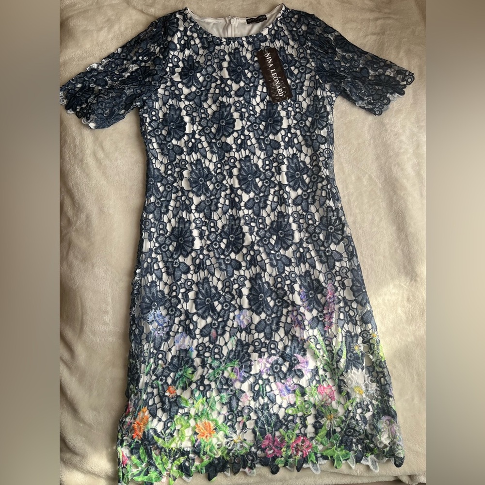 Lace overlay midi dress with colorful ombre flowers on the bottom